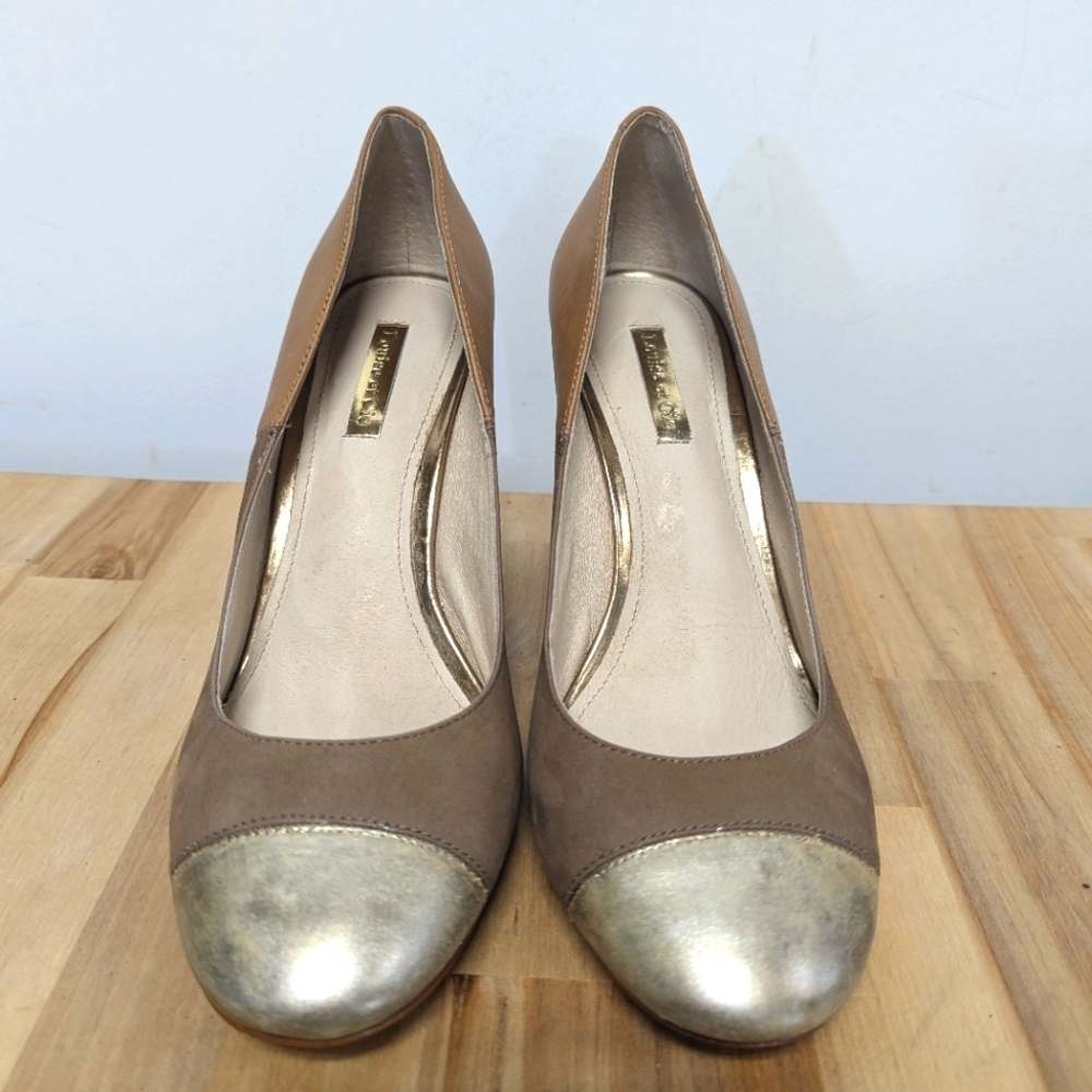 Louise Et Cie Camel Leather and Suede Pump Cap Toe Block Heel Classic Gold 8